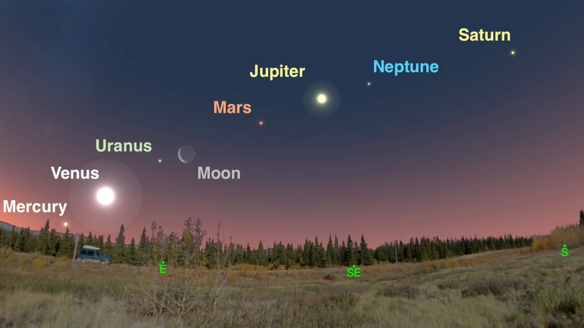 5 planetas y una luna creciente se alinean en el cielo nocturno