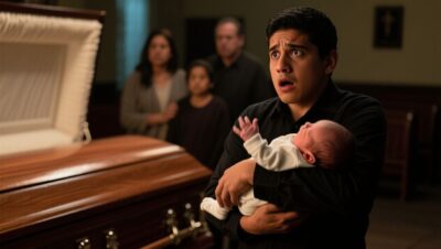 Ataúd en la funeraria San Gabriel con un bebé sentado cerca, mirando fijamente la tapa mientras Julián observa