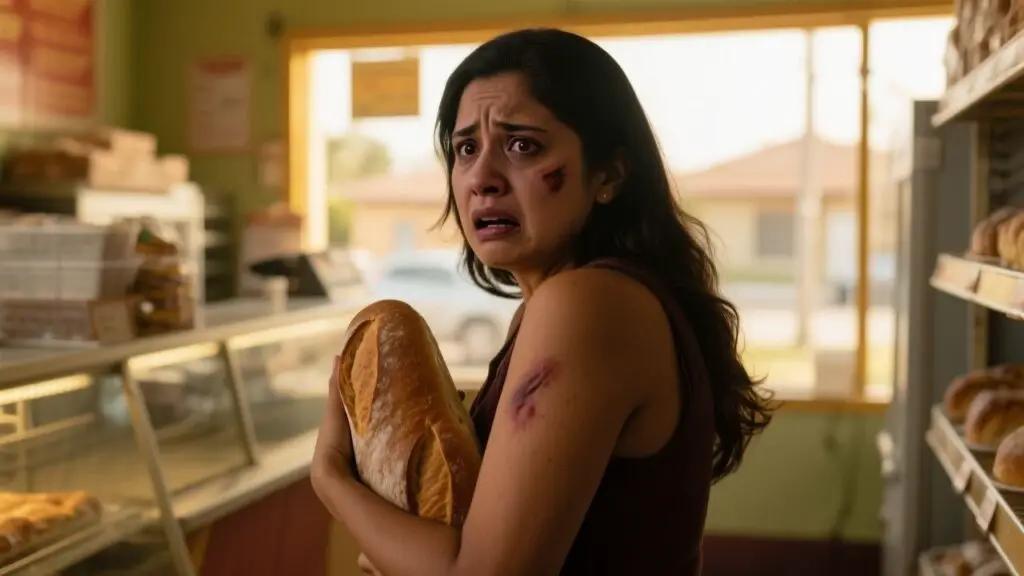 Mujer de suéter azul comprando pan en una panadería mientras un adolescente barre el piso cerca de la vitrina