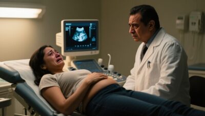 Mujer con vestido azul en consulta médica durante una ecografía que revela un hallazgo inesperado en su abdomen