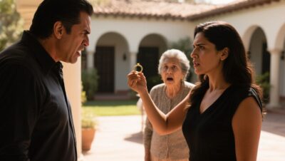 Mujer sosteniendo un anillo de oro frente a su esposo y su suegra en el patio de la casa familiar