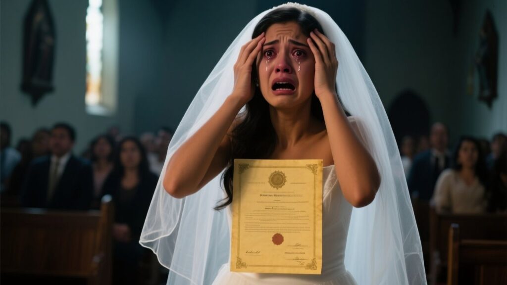 Novia con velo blanco sosteniendo un certificado médico frente a un funcionario del Registro Civil
