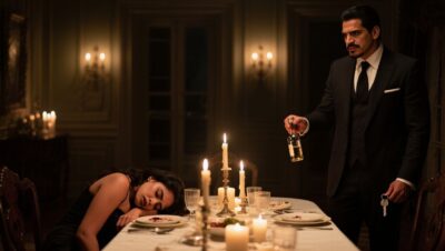 Copa de vino y frasco ámbar vacío sobre mantel de lino en una cena romántica a la luz de las velas en una mansión