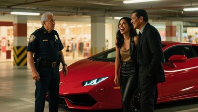 Anciano con chaleco naranja observa un Ferrari rojo en la zona VIP mientras una pareja joven se burla de él