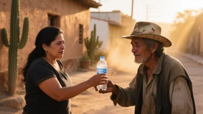 Vaso de vidrio grueso con agua sobre el mostrador de una panadería de Zapotitlán, junto a conchas recién horneadas