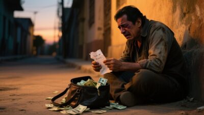 Ladrón abriendo un bolso de cuero junto al río, con billetes y una libreta vieja en las manos