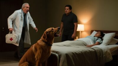 Perro Firulais acostado a los pies de la cama de Rosa, cuidándola mientras ella se recupera