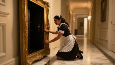 Cuadro dorado en pasillo de mármol de la mansión Sterling donde Elena descubrió el compartimento secreto con Lily