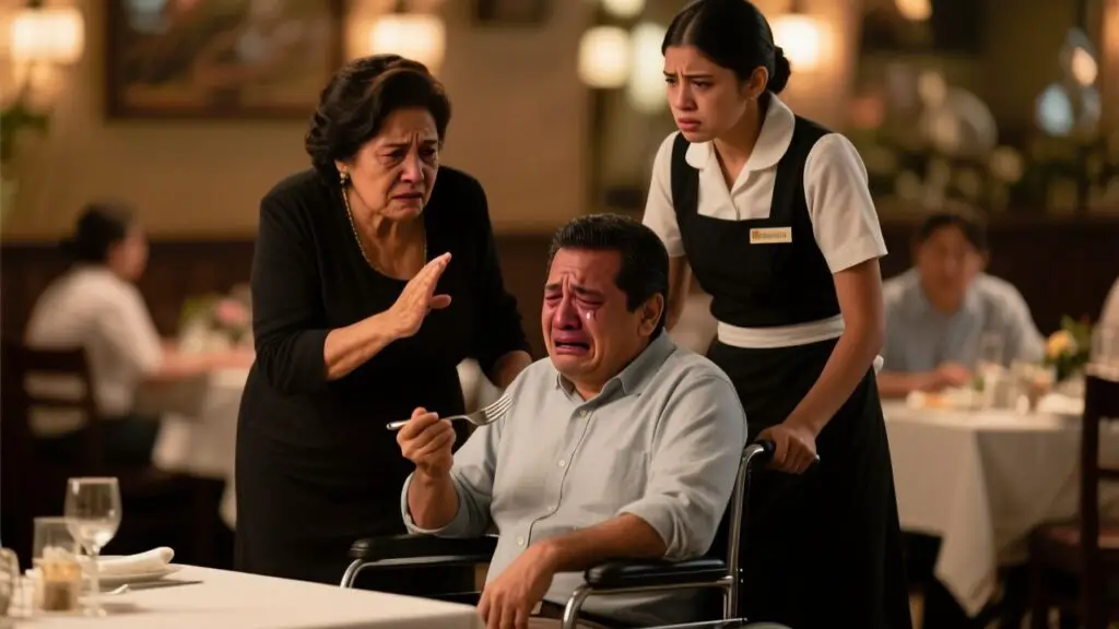 Hombre en silla de ruedas con los ojos llorosos en un restaurante, con el puño apretado bajo el mantel blanco