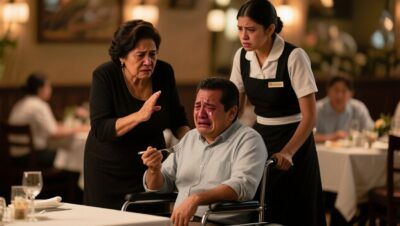 Hombre en silla de ruedas con los ojos llorosos en un restaurante, con el puño apretado bajo el mantel blanco