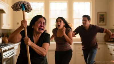 Mujer joven y su suegra discutiendo en la cocina mientras una cámara de seguridad discreta graba desde un rincón