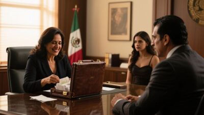 Mujer con maletín de cuero sonriendo frente a su ex esposo y su amante en un bufete de abogados de Polanco