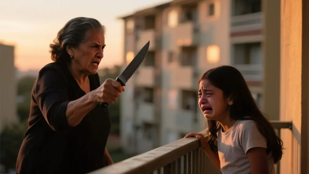 Niña asustada en un balcón mientras una mujer mayor la amenaza con un cuchillo de cocina en un edificio viejo