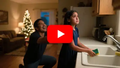 Niña de doce años con vestido azul oscuro lavando platos sola en la cocina mientras su familia abre regalos junto al árbol de