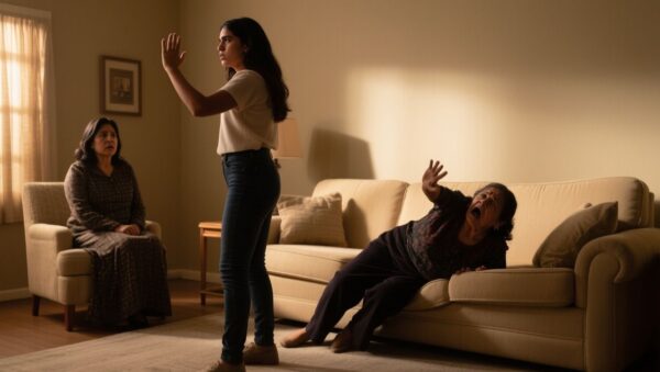 Mujer joven abofetea a una señora mayor que cae sobre un sofá beige mientras otra mujer observa sorprendida