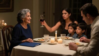 Mujer mayor sosteniendo una carpeta azul marino junto a la mesa familiar durante la cena de celebración