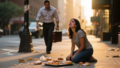 Mujer joven arrodillada en la acera junto a una bandeja de pasteles caídos mientras un oficinista con corbata azul la ayuda
