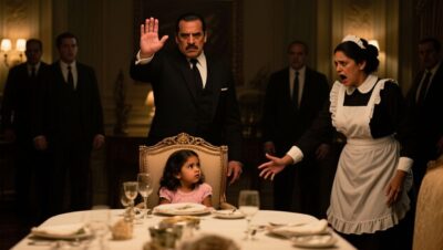 Niña de tres años sentada en una silla elegante de comedor mientras un hombre poderoso la observa sorprendido