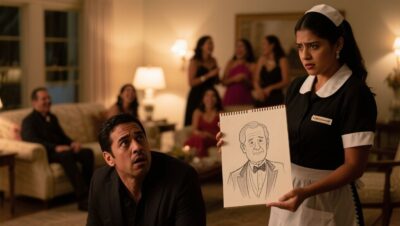 Limpiadora sosteniendo un dibujo de un hombre con un anillo antiguo en la mano durante una gala benéfica