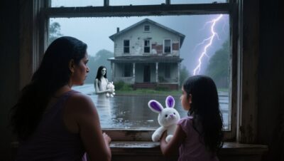 Niña con pijama sosteniendo un conejito blanco de oreja lavanda frente a la ventana durante una tormenta