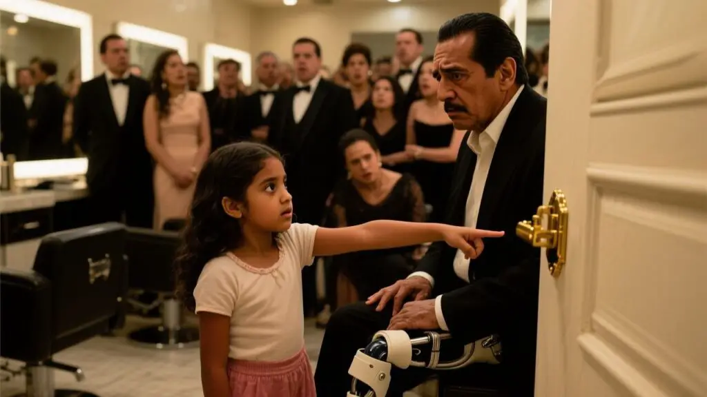 Niña de trenzas observando el seguro metálico dorado de una férula ortopédica junto a un hombre mayor en un salón