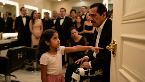 Niña de trenzas observando el seguro metálico dorado de una férula ortopédica junto a un hombre mayor en un salón