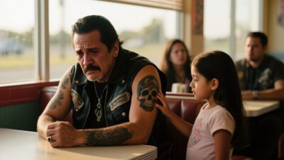 Motero con tatuaje de calavera y estrella escondida siendo tocado por una niña en un restaurante de carretera