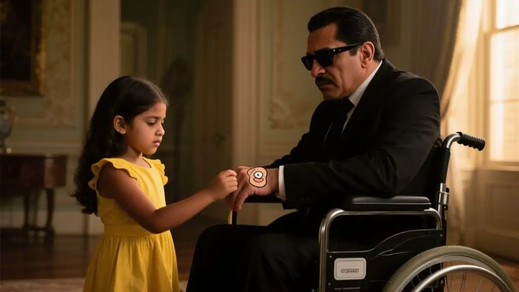Niña de vestido amarillo colocando una tirita de ositos en el dedo de un hombre sentado en silla de ruedas con gafas oscuras