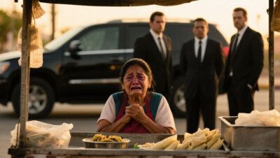 Anciana vendedora de tamales junto a su carrito verde en la esquina, sorprendida por tres desconocidos elegantes