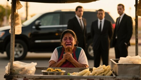 Anciana vendedora de tamales junto a su carrito verde en la esquina, sorprendida por tres desconocidos elegantes
