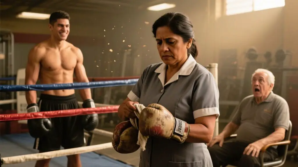 Mujer de limpieza con guantes de boxeo viejos subiendo al ring mientras el dueño del gimnasio la observa sorprendido