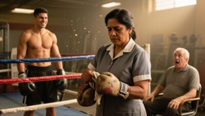 Mujer de limpieza con guantes de boxeo viejos subiendo al ring mientras el dueño del gimnasio la observa sorprendido