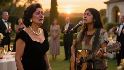 Joven con guitarra vieja y ropa raída cantando frente a invitados elegantes en el jardín de una mansión blanca al atardecer