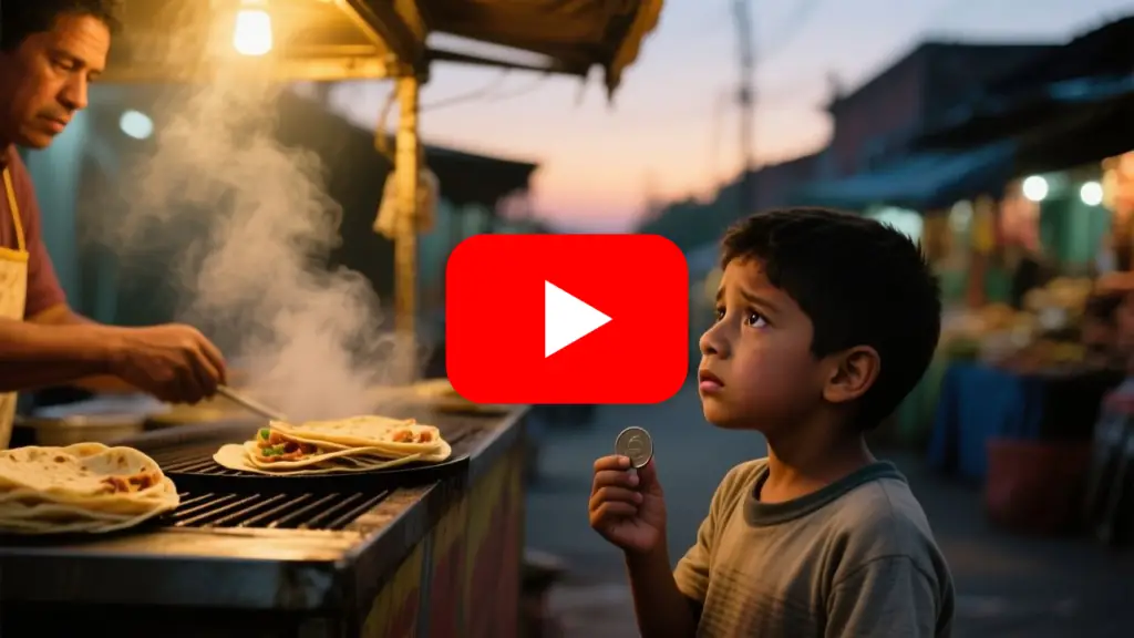 Niño de once años con playera gris apretando monedas en el bolsillo frente a un puesto de tortillas