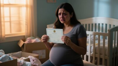 Mujer embarazada sosteniendo un formulario de nacimiento en blanco en la sala de espera de una clínica