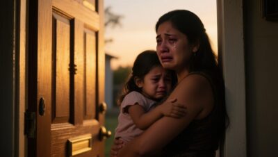 Madre joven cargando a su hija dormida y una maleta frente a la puerta cerrada de la casa familiar