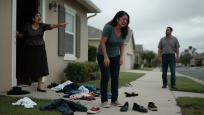 Ropa de mujer tirada en la calle frente a una casa, tras ser echada por su suegra mientras los vecinos observan