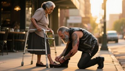 Motero arrodillado atando los zapatos a una anciana con caminador en la acera mientras un sedán gris observa al otro lado
