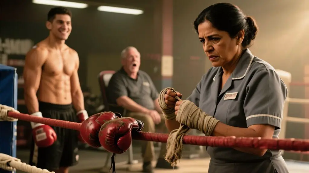 Mujer de la limpieza con uniforme gris vendándose las manos frente a un ring de boxeo ante la mirada atónita del gimnasio