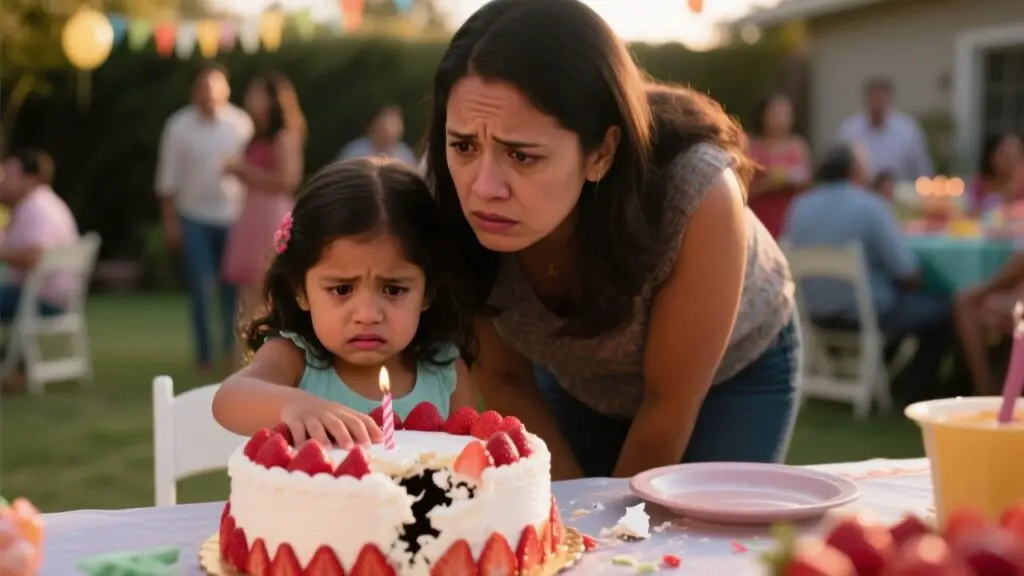 Niña pequeña con vestido amarillo y manos llenas de crema de fresa junto a un pastel de cumpleaños derrumbado