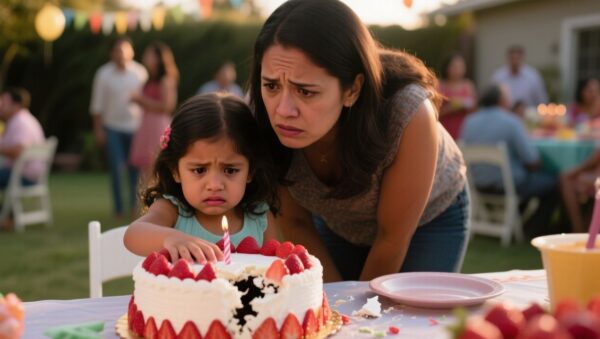 Niña pequeña con vestido amarillo y manos llenas de crema de fresa junto a un pastel de cumpleaños derrumbado
