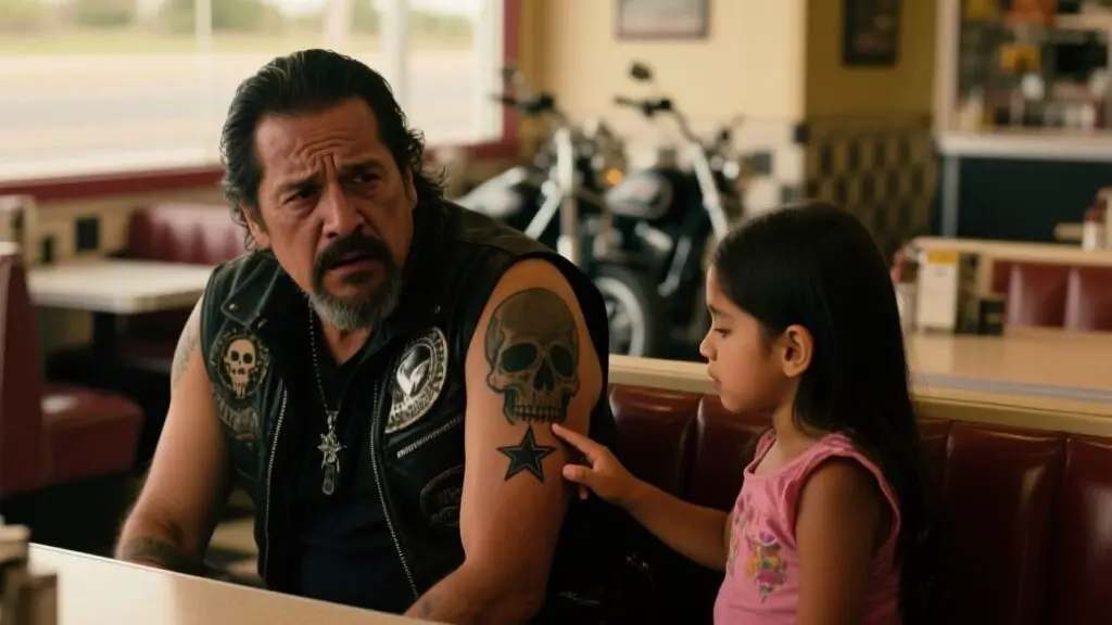 Niña de siete años tocando la estrella escondida en el tatuaje de calavera de un motero en un restaurante de carretera