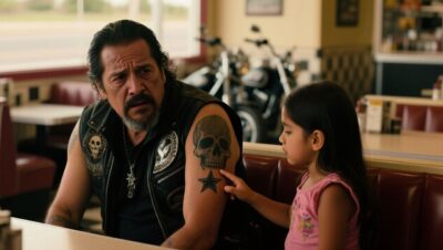 Niña de siete años tocando la estrella escondida en el tatuaje de calavera de un motero en un restaurante de carretera