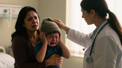 Niño de 6 años con gorro azul cubriéndose las orejas mientras su madre lo consuela en la sala de una clínica