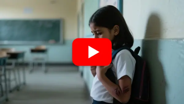 Niña de seis años con trenzas y uniforme escolar de pie en el patio de una escuela primaria durante la clase de educación fís