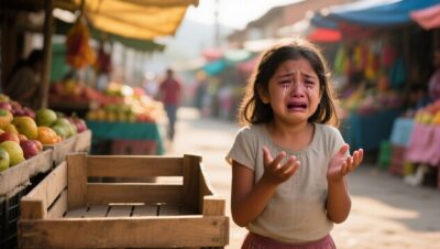 Niña con vestido amarillo y trenzas junto a su puesto vacío de frutas en la calle, mirando las cajas de madera sin mercancía