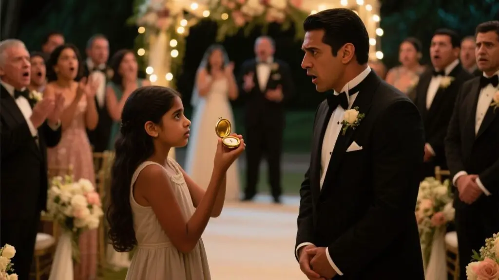 Niña con vestido celeste sostiene un medallón dorado frente al novio durante una ceremonia de boda