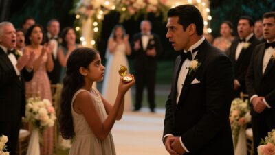 Niña con vestido celeste sostiene un medallón dorado frente al novio durante una ceremonia de boda