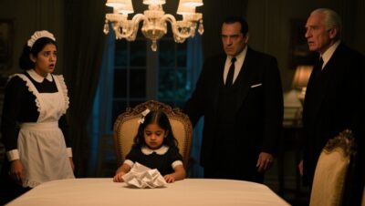 Niña pequeña sentada en una silla vacía junto a un hombre elegante en el comedor de una mansión