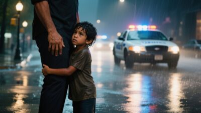 Niño empapado agarra el brazo de un hombre con saco gris bajo la lluvia frente a una panadería con la cortina metálica cerrad